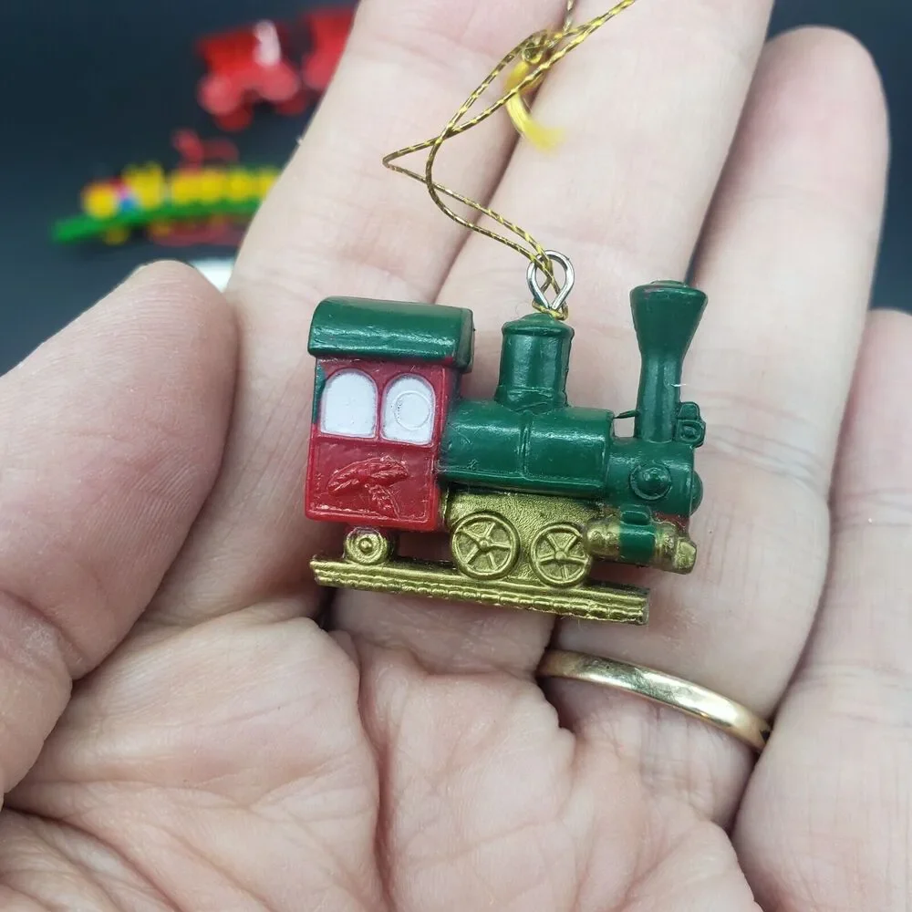 Lot of‎ 6 train Christmas ornaments including Wallace Silversmiths Enamel train
